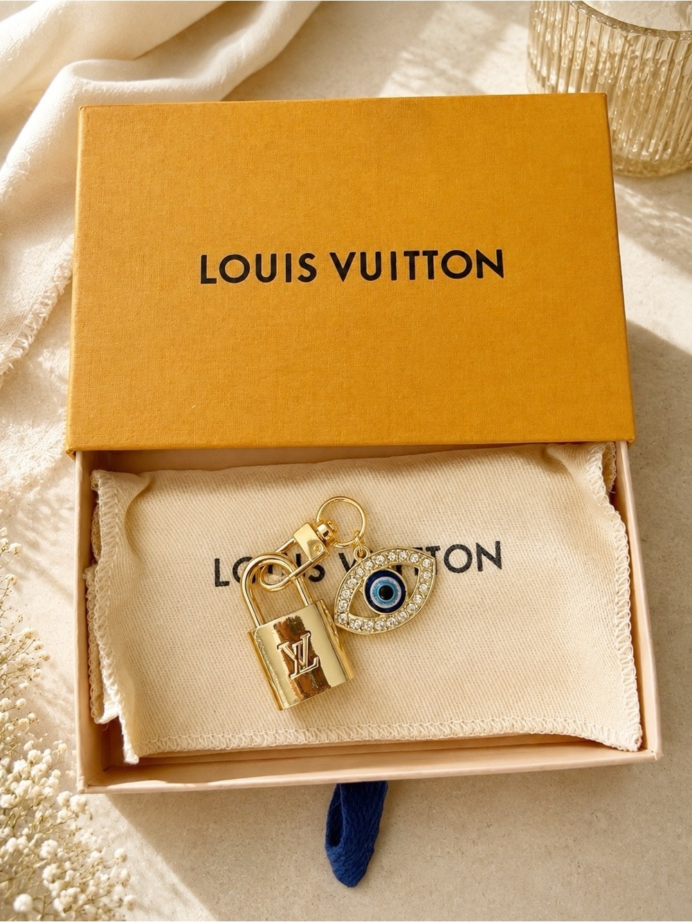 LOUIS VUITTON PadLock & Key #315 with Unbranded Evil Eye Rhinestone Key Chain